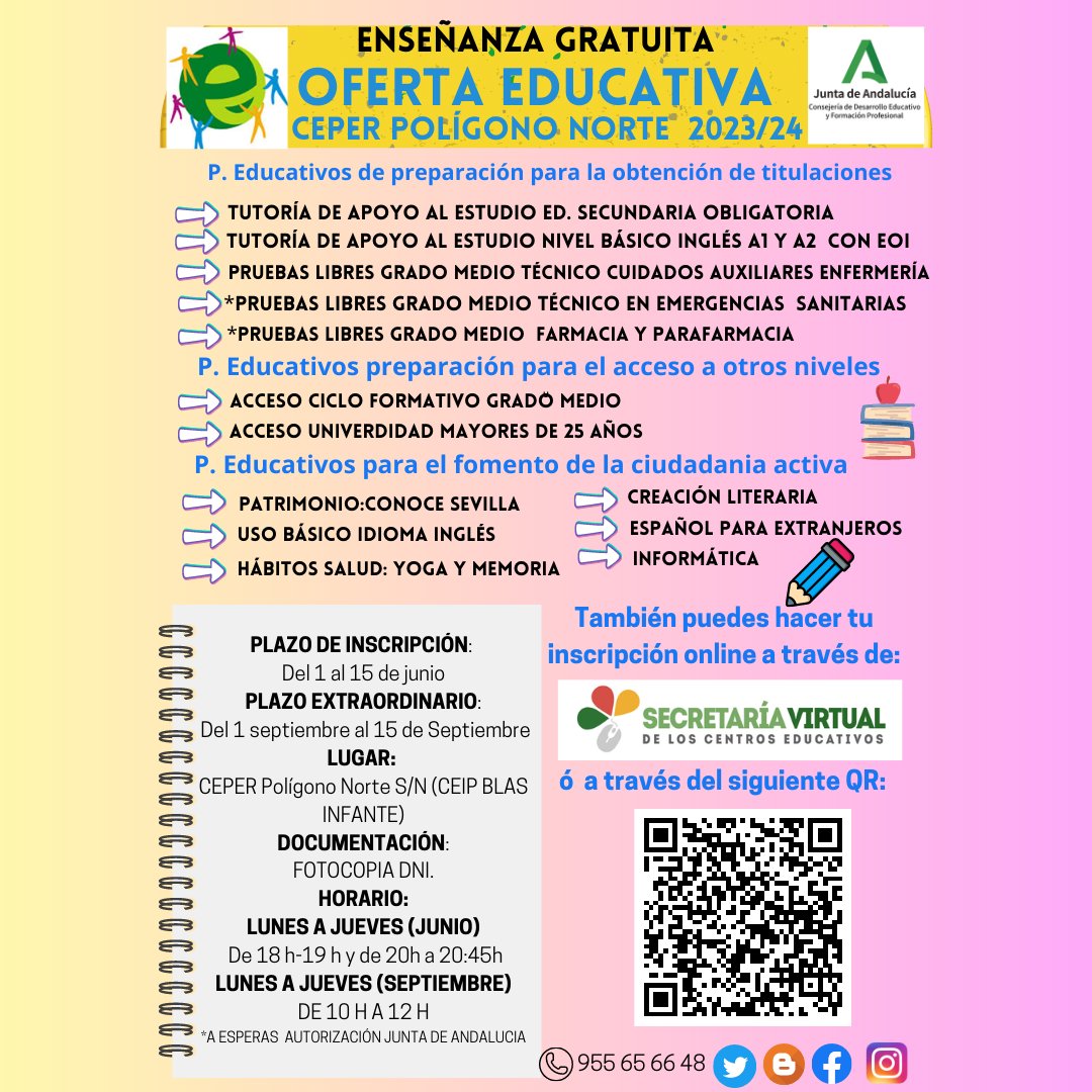 c_poligono's tweet photo. Ya tenemos preparada nuestra oferta educativa para el curso 2023/23 con NOVEDADES.  A partir del 1 de Junio comienza la matriculación .¡¡ NUNCA ES TARDE PARA APRENDER Y ESTUDIAR!! https://t.co/9Mx9zIdIsA