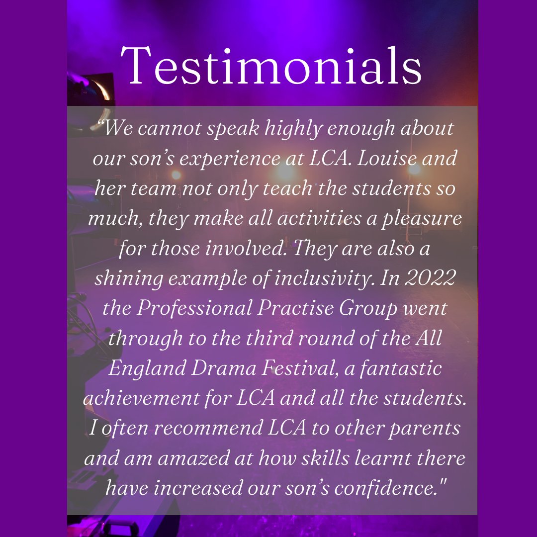 🎶🎭💜 Testimonial 💜🎭🎶

#lca #lcafamily #lcastageacademy #performingarts #oxted #surrey #tandridge #redhill #reigate #caterham #warlingham #westerham #woldingham #theatreschool #stageacademy #learn #grow #sing #dance #act