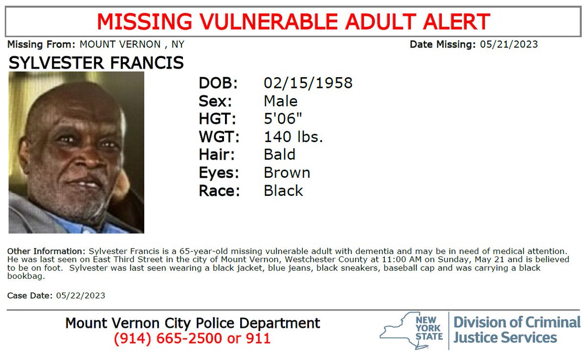 DutchKillsCivic's tweet photo. @NotifyNYC: #MissingVulnerableAdult Sylvester Francis, M/B/65, with dementia from the City of Mount Vernon, NY. Seen? Call 9-1-1. https://t.co/NDzoZmWyOl