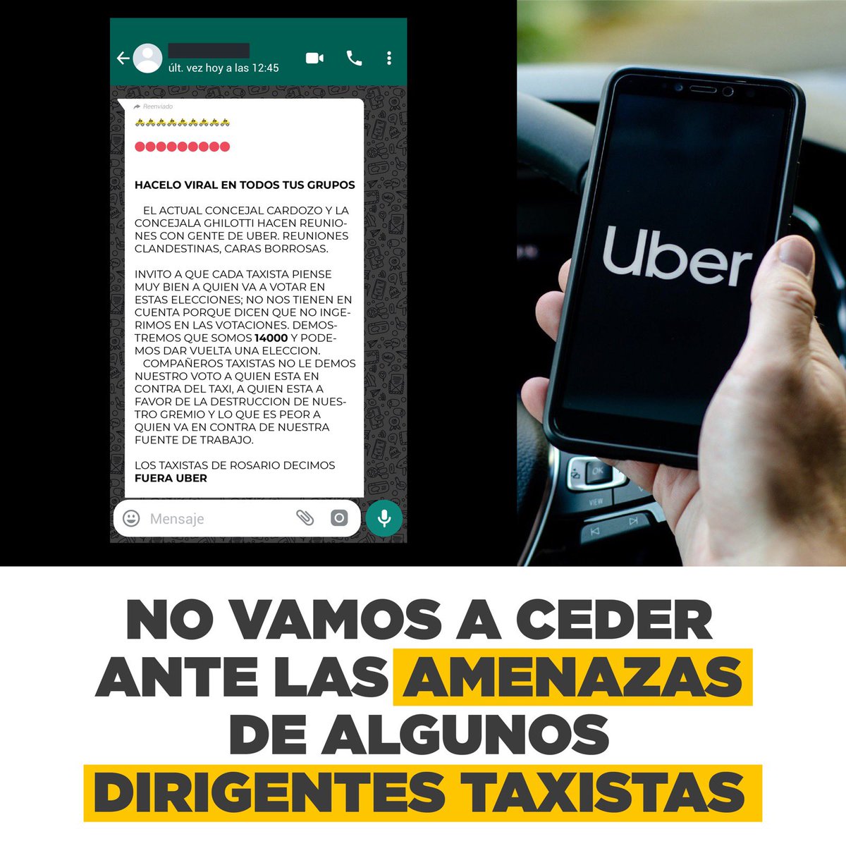 _charlycardozo's tweet photo. NO VAMOS A CEDER ANTE AMENAZAS
Cuando das las peleas que tenés que dar estas cosas ocurren.
No nos vamos a mover de nuestra posición y seguiremos apoyando que las aplicaciones se legalicen en Rosario.
Sumamos fuerza 💪 con los hashtags #UberLegal #LaFuerzaDelCambio https://t.co/RH7YQ0zUqL