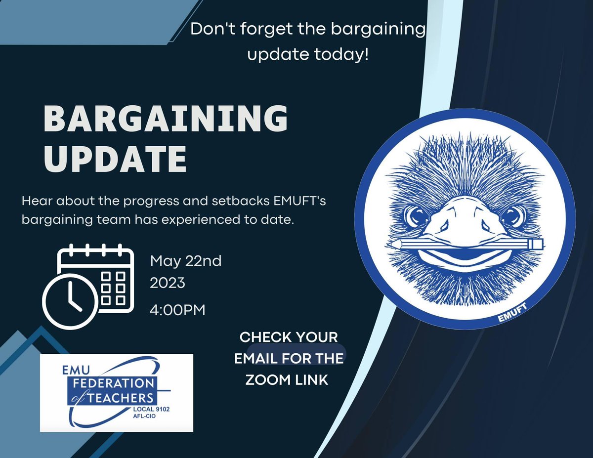 Come to the bargaining update this afternoon! We want to hear from you! #unionstrong #emuft #bargainingupdate #truemu