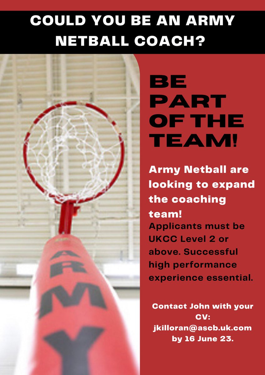 army_netball's tweet photo. Looking for new coaches to join the Army Netball family ❤️🖤

#ArmyNetball #Netball #NetballCoach #Coach

@ArmySportASCB @Army_Engagement @EnglandMMNA @EnglandNetball @BFBSSport https://t.co/UhRsrJSDcn