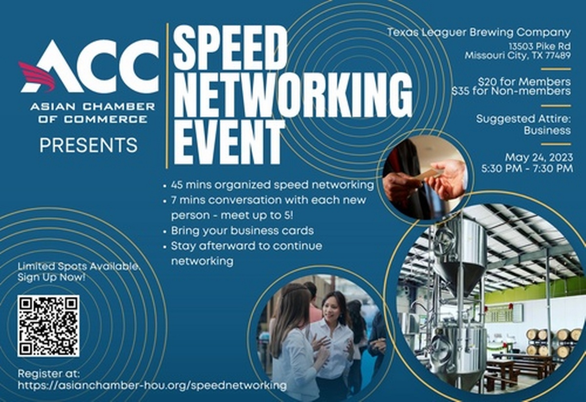 Looking to expand your network and meet new business owners? Our Speed Networking Event is the perfect opportunity to connect with Asian entrepreneurs and grow your business. Come this Wednesday! #NetworkingEvent #BusinessConnections

Register at:  asianchamber-hou.org/speednetworking