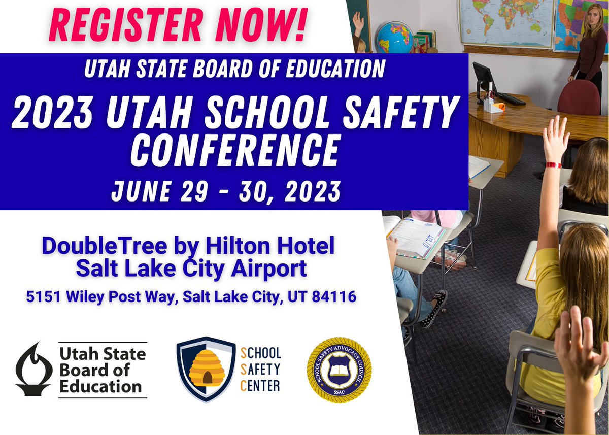 We are pleased to announce the 2023 Utah School Safety Conference. This is a national level conference for UT educators and stakeholders. There is no cost to participants. We invite school employees and those interested in  to attend.
tinyurl.com/4rs3aee8