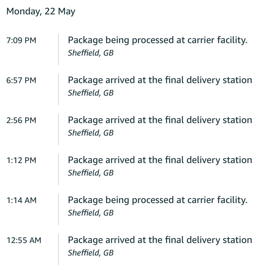 HunshelfHarry's tweet image. Hi @AmazonHelp ,
I think my parcel has been going round in circles for 19 hours!
Online help was no help.

Wonder if it will be delivered today or should I go to bed.
