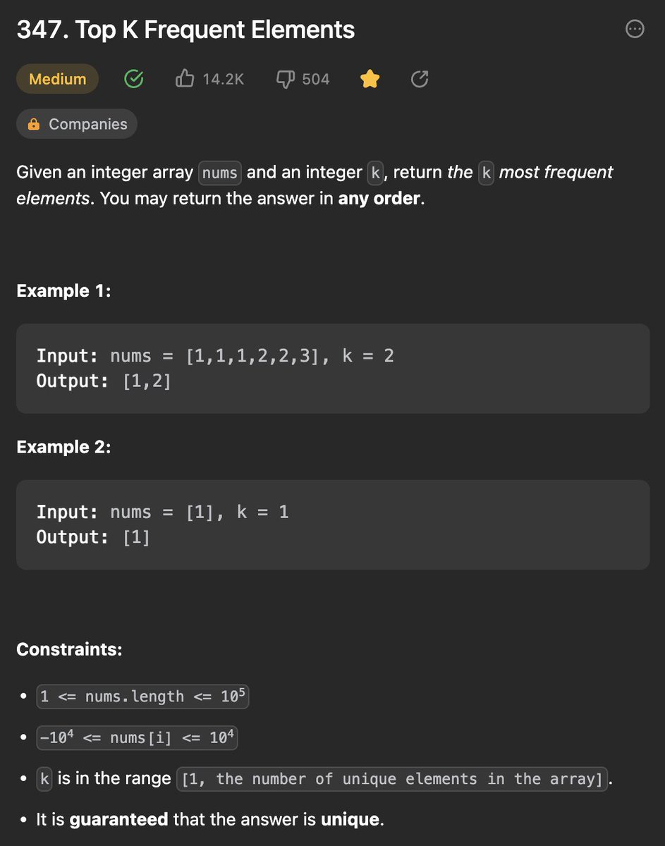Yu08516687's tweet photo. #leetcode #100DaysOfCode #LearningBySharing
347. Top K Frequent Elements
Solution 1: Priority Queue
Solution 2: Bucket Sort
https://t.co/jXL97i1Ldn https://t.co/sAgrY1jhw3