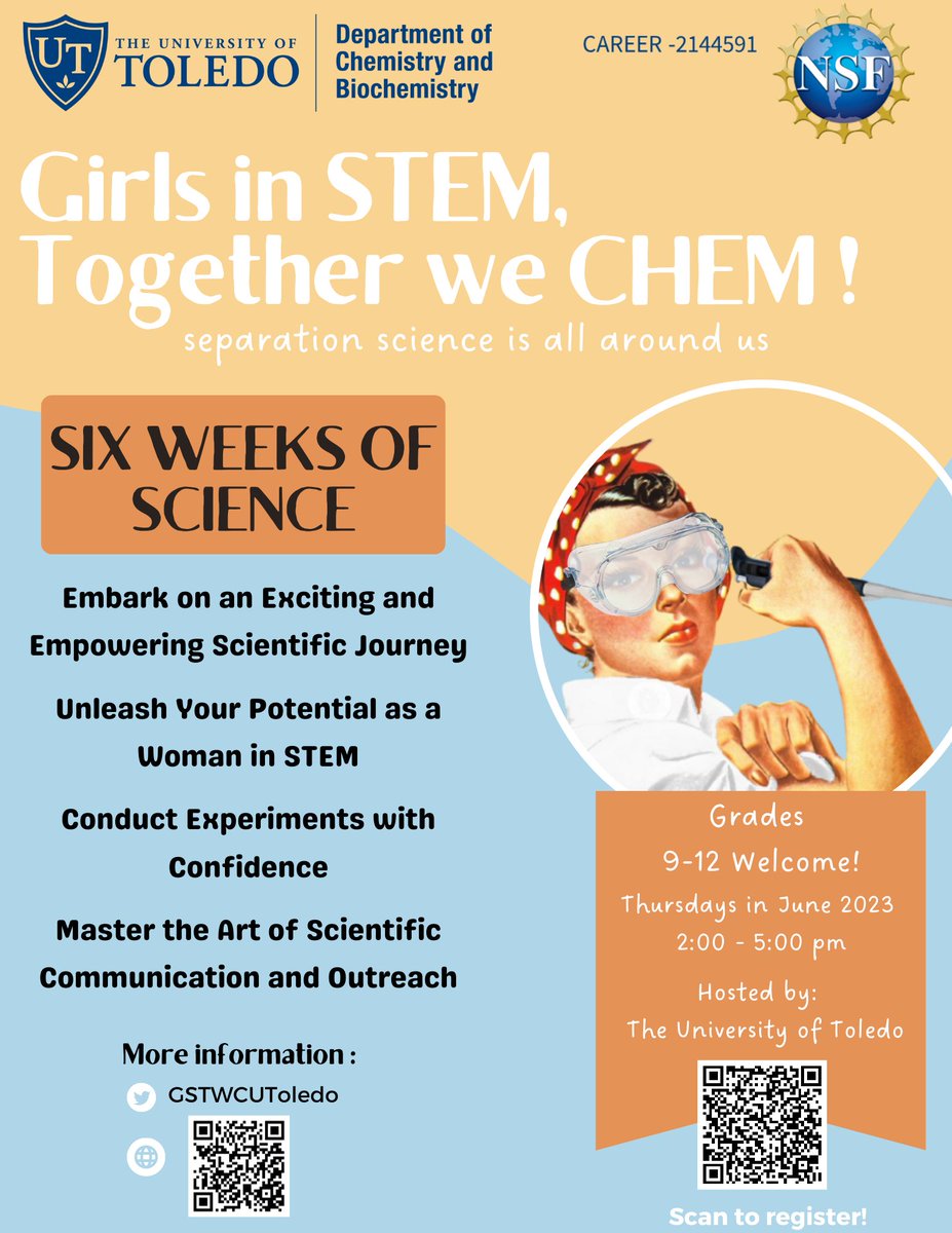 UToledo_NSM's tweet image. Get ready for a summer filled with science, friendship &amp;amp; empowerment! Grades 8-12 #GirlsInSTEM!

Join us at our FREE #GirlsInSTEMTogetherWeCHEM science camp, hosted by @UToledo @ChemistryToledo &amp;amp; gain practical chemistry experience in #SeparationScience! 

bit.ly/3IwU1yQ