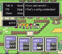 SaturdayMGaming's tweet photo. Some wacky interactions in Earthbound can lead to funny dialogue in response, like when you try to use the Carrot Key on a cow! https://t.co/Y3RwBKeSIF