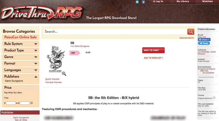 #5B is on sale at <a href="/DriveThruRPG/">DriveThruRPG</a>!
#OSR procedures and rules minimalism in a 5e #dnd compatible package.
Check it out in the link below: