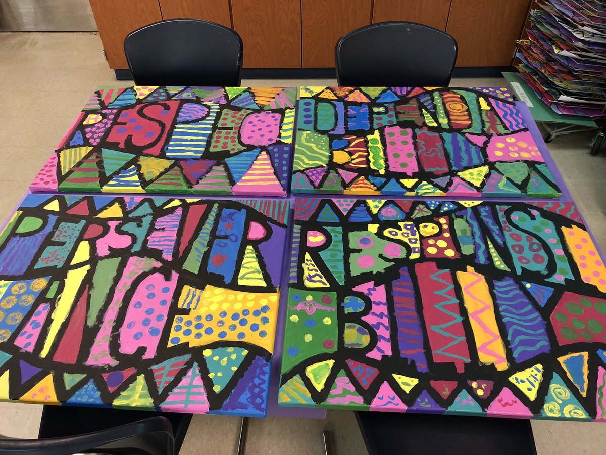 AndersonArtists's tweet photo. Fourth Graders have put a ton of work into our new PBIS character trait paintings.  There are 9 canvases and they’re looking amazing!  Next up: touching up the black lines and hanging them in the hallway!  #yes2tps #tpsand1 https://t.co/R2DaXwmZ5Q