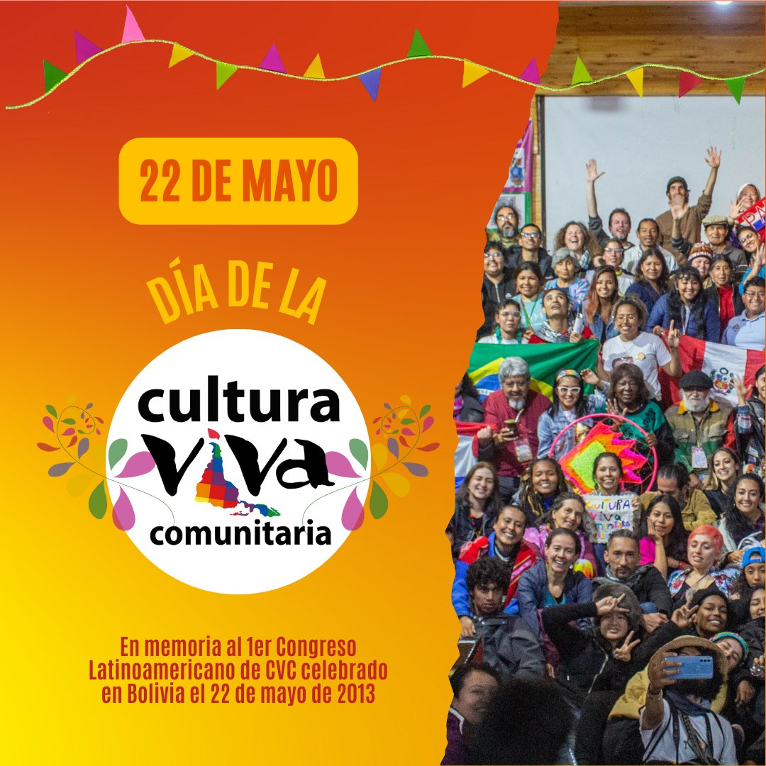 perucvc's tweet photo. ¡A 10 AÑOS DEL MOVIMIENTO DE CULTURA VIVA COMUNITARIA! 

Hoy conmemoramos la Cultura Viva Comunitaria 📣📣📣

Desde el Grupo Impulsor Perú, continuamos sumándonos al tejido de solidaridad y esperanza para el Buen Vivir ✨

22 de mayo del 2023

#CulturaVivaComunitaria
#10añosCVC https://t.co/Czb96wiQjE