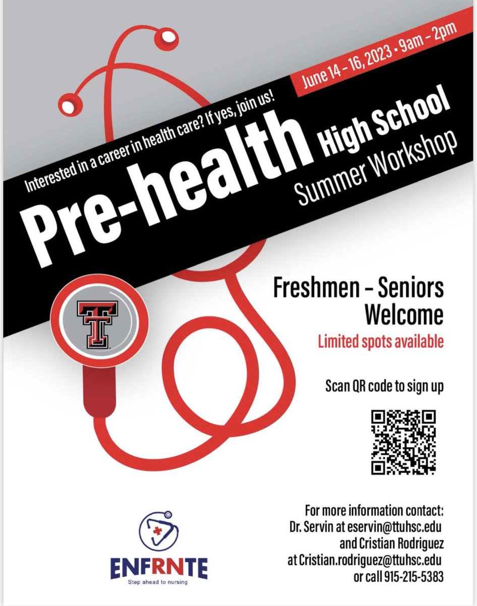 Attention Trailblazers!!! 🚨🚨 If you are interested in a career in healthcare make sure to sign up for this amazing opportunity at Texas Tech Health Center! Students will receive a unique blend of educational sessions, hands-on-workshops, and tour opportunities! 😊👨🏻‍⚕️🧑🏽‍⚕️ <a href="/TTUHSC/">Texas Tech University Health Sciences Center</a>