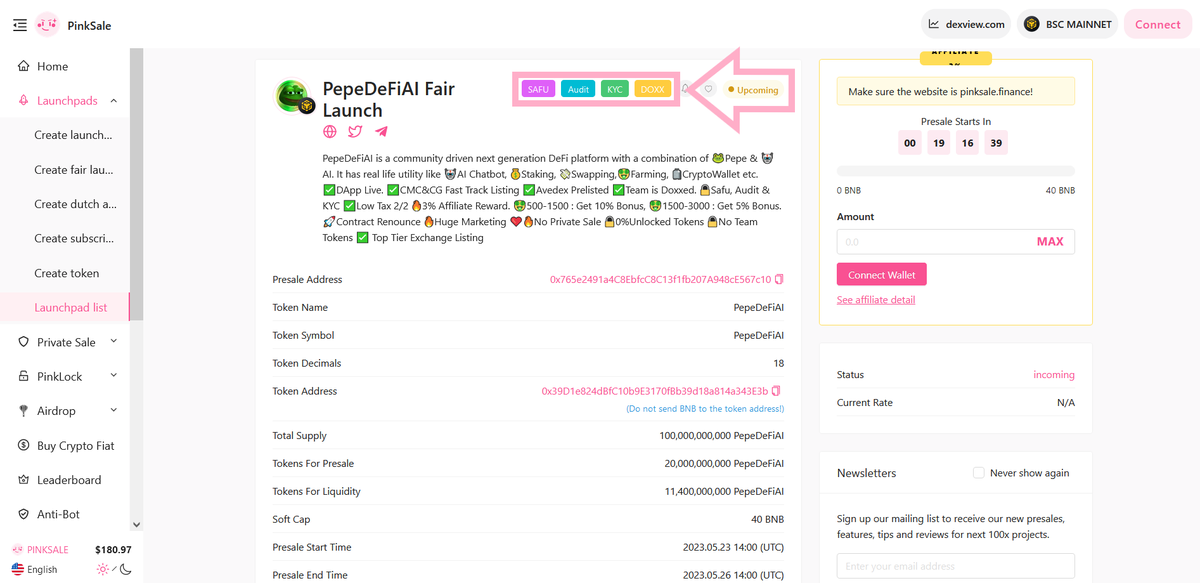 👌Congratulations to the PepeDeFiAI team for successfully obtaining the 🦺 #Safu badge for their #Fairlaunch.

📲 Operating in a decentralized space brings freedom but also a level of risk.

🚀 Check them out below:

pinksale.finance/launchpad/0x76…

#BSC #BNB #BTC