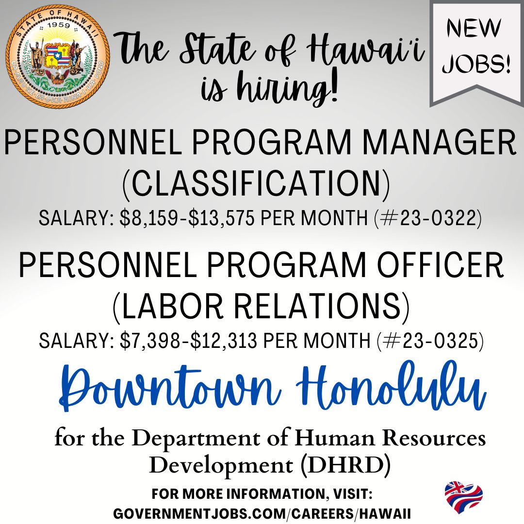 We are #hiring. Please visit governmentjobs.com/careers/hawaii for more information and minimum qualifications on these positions! #hawaiiishiring #stateofhawaii #statejobs #oahujobs #jobopenings #recruitment #civilservice #publicservice #HR #humanresources #laborrelations #classification