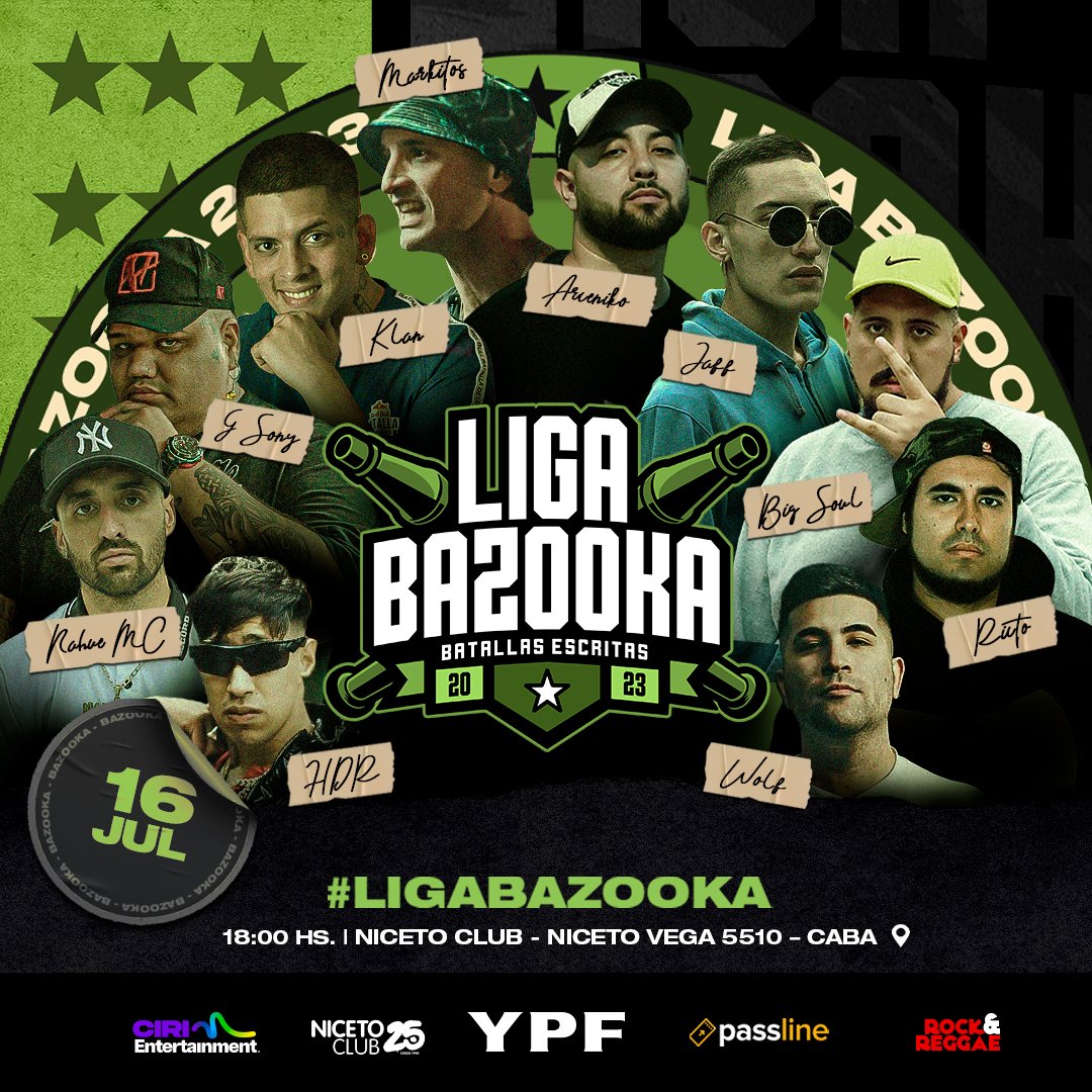 ¡NUEVA BAZOOKA EDICIÓN NACIONAL!
Liga Bazooka se apodera por primera vez del escenario de Niceto Club. Tras su exitosa edición internacional, la liga de escritas más relevante de la actualidad enfrenta a algunos de sus nombres más consolidados contra los mejores del Draft.