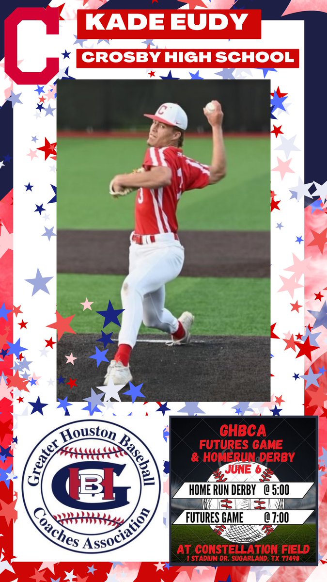Congratulations to @kadeeudy1 on his selection to the @GHBCAfutures Game. A great honor to represent his family, Crosby HS Baseball, and @CrosbyISD.
