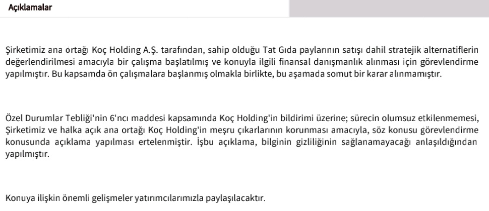 #TATGD Koç Holding, (#Kchol) Tat Gıda'yı satmak çalışma başlattı

◾Ön çalışmalar başlamış olmakla birlikte bu aşamada somut bir adım alınamamıştır