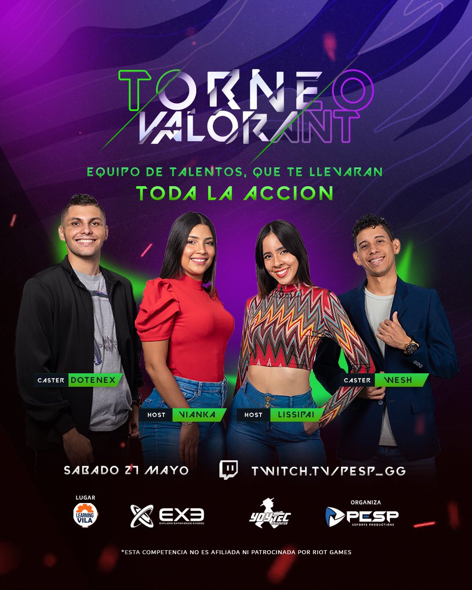 Emocionada de anunciarles que estaré en el TORNEO PRESENCIAL DE VALORANT, gracias a Yoytec y Triex en vivo desde Learning Vila.
Este sábado 27 de mayo, en vivo desde la 1:00 pm por:
 🖥 twitch.tv/pesp_gg
Junto a: @lissipaii @xdotenex <a href="/Wesh_AF/">Güesh</a>