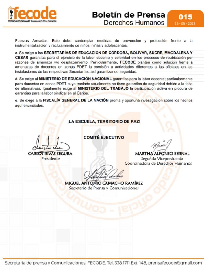 fecode's tweet photo. 📃Boletín de Prensa - Derechos Humanos.
📄Denunciamos la grave situación de derechos humanos en la Región Caribe y exigimos medidas para proteger a las comunidades educativas.
@PoliciaColombia @UNPColombia @MinInterior @Mineducacion 
https://t.co/A20aV7pns1 https://t.co/Oz3qbHbrnz