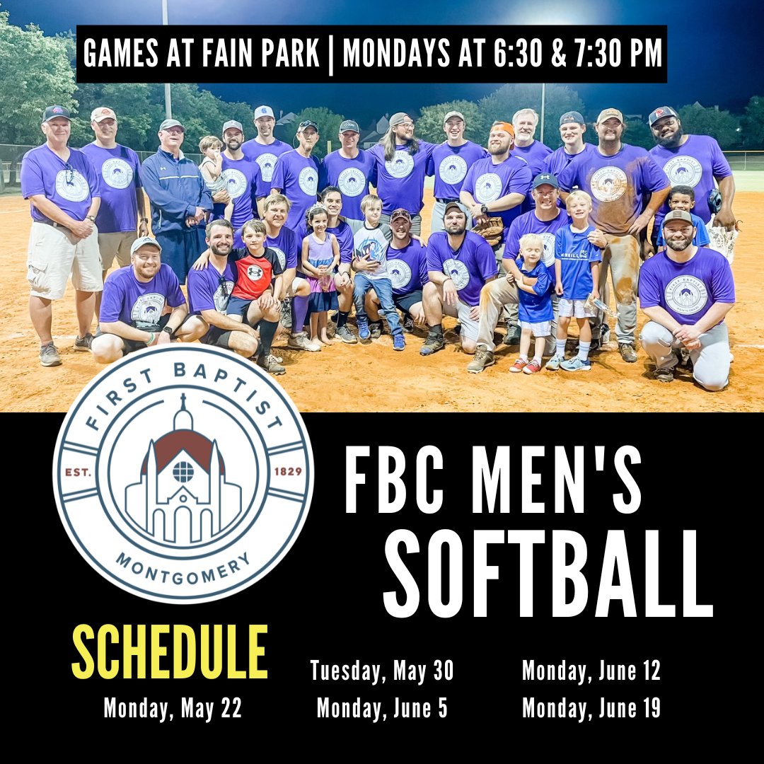 montgomeryfbc's tweet photo. ⚾ IT'S TIME TO PLAY BALL! ⚾ Don't miss out on the excitement! Join us at Fain Park on Monday nights as we cheer on our incredible FBC Men's Softball Team! See you at the ballpark! 🙌⚾️ https://t.co/vo0pfiQPI7