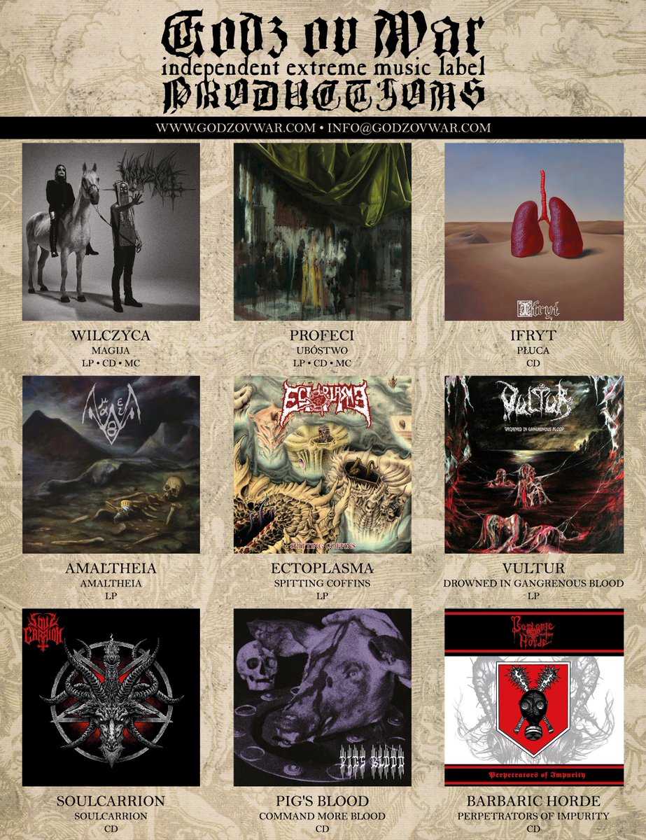 GodzOvWar's tweet photo. Out 2023!

#wilczyca #profeci #ifryt #amaltheia #ctoplasma #vultur #soulcarrion #pigsblood #barbarichorde #newreleases #blackmetal #deathmetal #godzovwarproductions https://t.co/9Xf03F6QnW