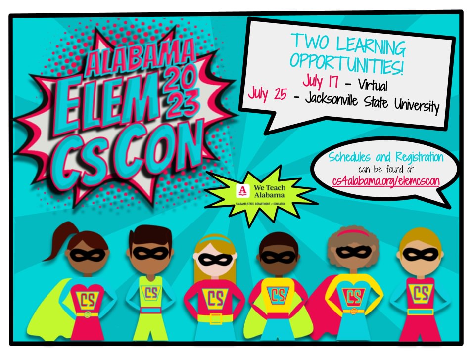 AMSTI4all's tweet photo. Alabama Elem CS Con 2023 is offering 2 FREE learning opportunities! Check out this website for more details and to register https://t.co/pF0Yrd7bP6!
Interested in presenting? 
https://t.co/I6FaQhHAbs
@TeachWithALEX @ALSDEEdTech @AMSTI4all @atimpd @CS4All @alabamaachieves https://t.co/WylmsU7nnq