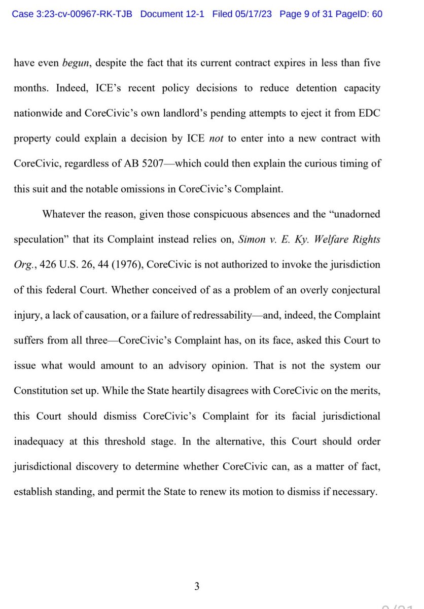 It argues that since @CoreCivic has shown no indication that ICE even intends to renew the contract, it can not allege that it has been or will be damaged by NJ's anti-detention law and therfore has no standing to bring suit. #ShutdownEDC #ICEoutofNJ #CommunitiesNotCages