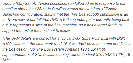 Additional detail on Nvidia's "Pre-Eos" system, which comes in at #14 on the new #Top500 list and spans 128 DGX H100 nodes, delivering 40.66 Linpack petaflops. (They haven't submitted a power number yet.) hpcwire.com/2023/05/22/top… #HPC