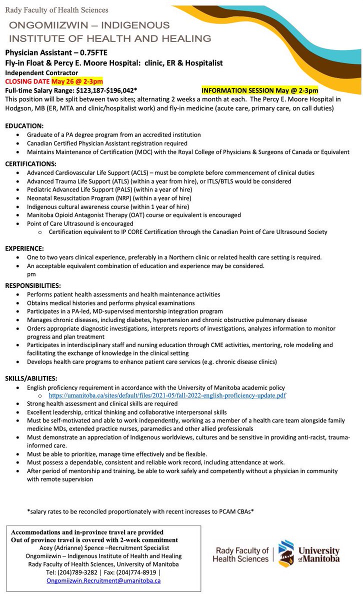 Canadian PAs: incredible contractor job doing northern &amp; remote fly-in medicine in Indigenous communities in MB; high autonomy, casual to full time, rewarding and top notch team, we’re hiring!#ongomiizwin #northernmedicine #manitobapa <a href="/CanadianPA/">Physician Assistants</a> <a href="/prairiepas/">Prairie Physician Assistants</a> <a href="/MPAS_UofM/">UM Master of Physician Assistant Studies</a>