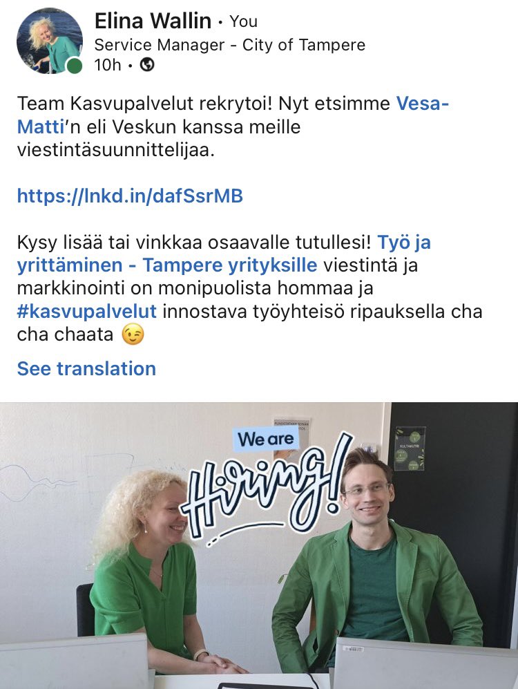 Viestintäosaaja hakusessa  #kasvupalvelut 👍<a href="/tretyollisyys/">Tampereen kaupungin työllisyys- ja kasvupalvelut</a> <a href="/Tamperekaupunki/">Tampereen kaupunki</a> 
⬇️
kuntarekry.fi/fi/tyopaikat/v…