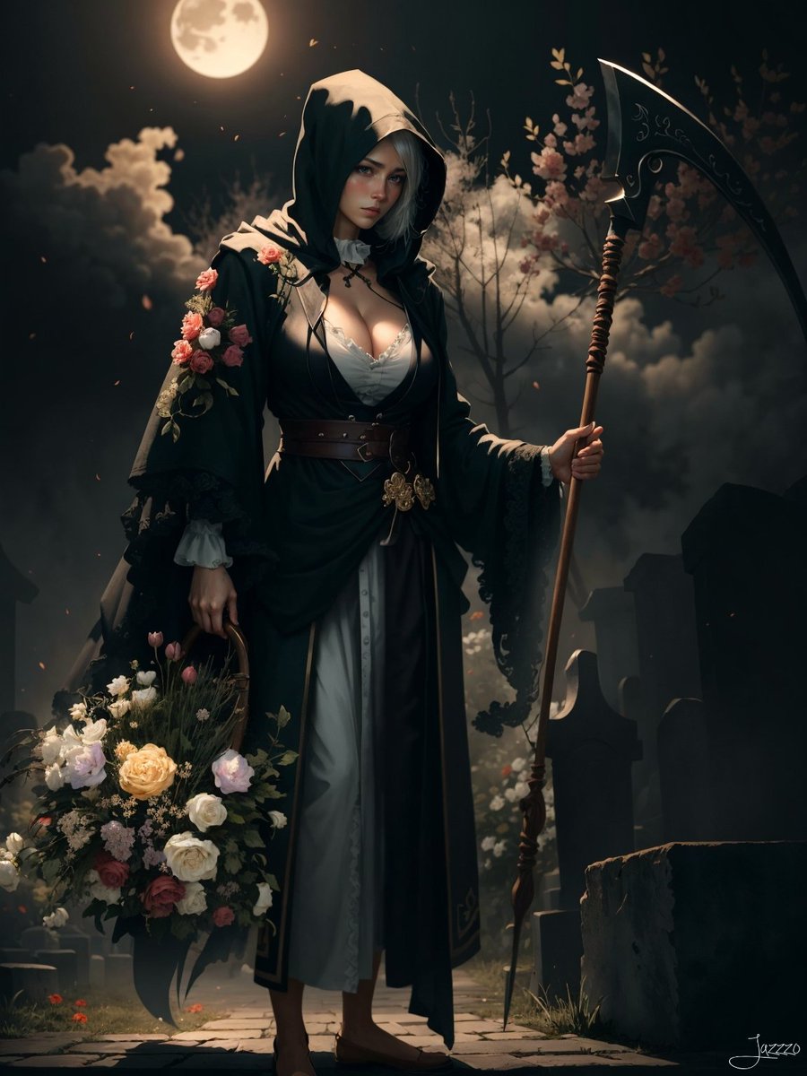 The grim reaper gently placed flowers on the graves of the deceased, whispering words of remembrance. Despite the somber task, she found peace in the cemetery and the knowledge that her work was a necessary part of life and death.

#ScytheGirlAI by <a href="/lichtxAI/">Lichtx - Commissions in DM! 🔞</a> 

#aiart #AIイラスト