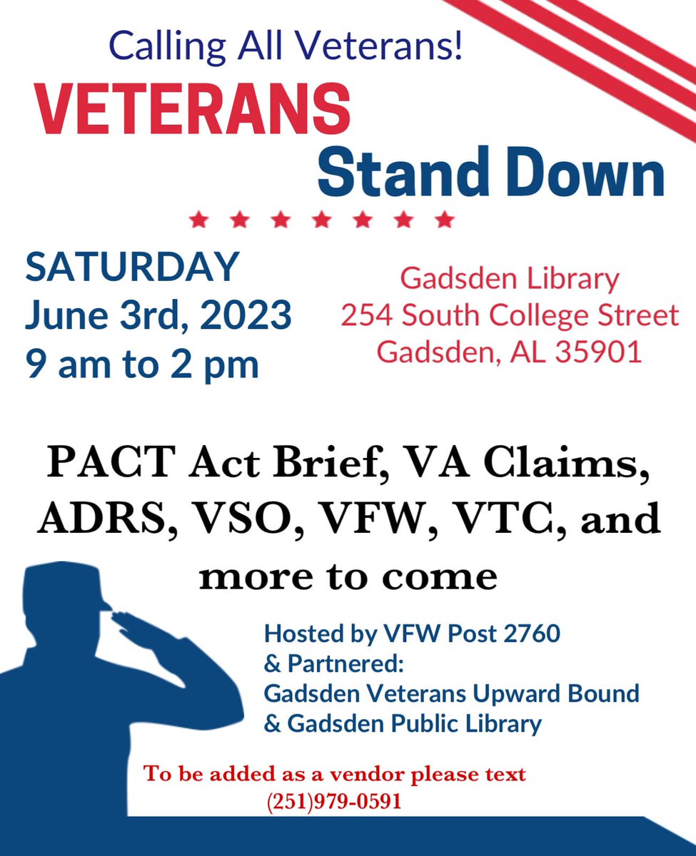 vubgscc's tweet photo. Veterans Stand Down Event! 
When: Saturday June 3rd, 2023. 9am to 2pm. Where: Gadsden Library. PACT Act Brief, VA Claims, ADRS, VSO, VFW, VTC, and more! 
Hosted by VFW Post 2760 &amp; partnered with @vubgscc and @gadsdenlibrary https://t.co/DAqNkegQSc