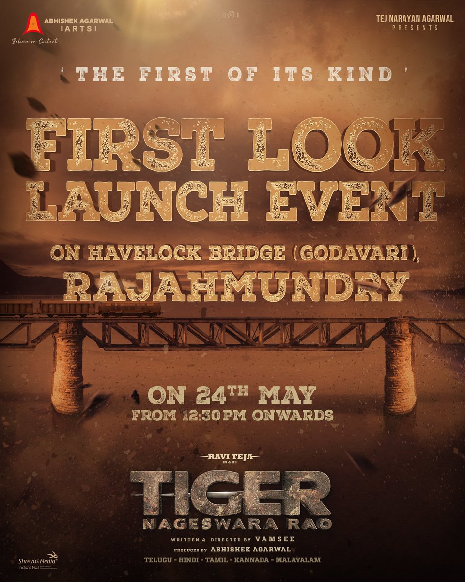 1more day to go for our mass maharaja @RaviTeja_offl prestigous film project first look on tomorrow🔥 @DirVamsee @AbhishekOfficl @AnupamPKher #RenuDesai @NupurSanon @gaya3bh @Jisshusengupta @gvprakash @madhie1 @artkolla @MayankOfficl @AAArtsOfficial #TigerNageswaraRao