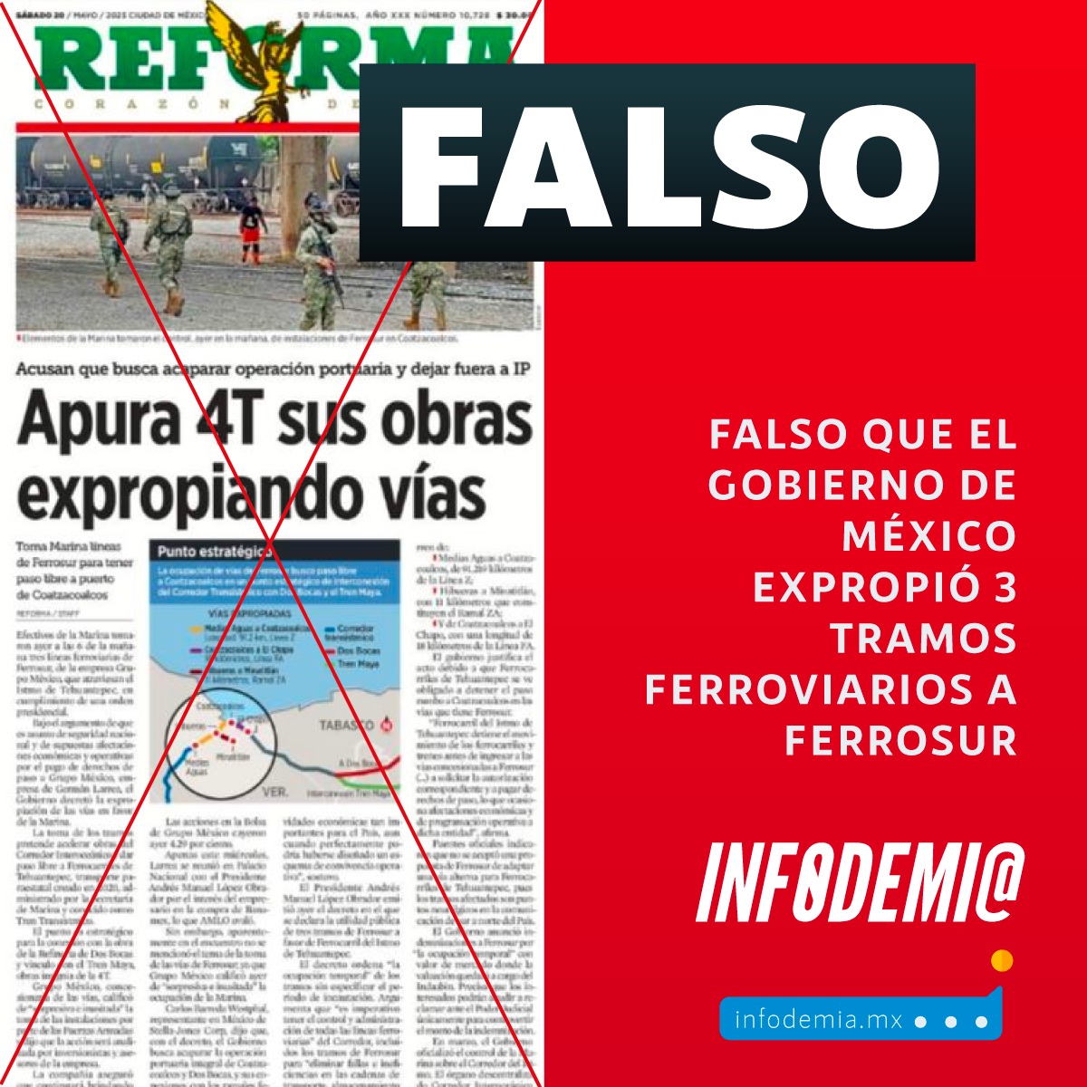 infodemiaMex's tweet image. ❌🛤Falso que el @GobiernoMX expropió 3 tramos ferroviarios a #Ferrosur 

✅El presidente @lopezobrador_ aclaró que no es una expropiación, sino una "ocupación temporal", tal como refiere el decreto publicado el 19 de mayo

➡️Desmentido: infodemia.mx/entrada/3617