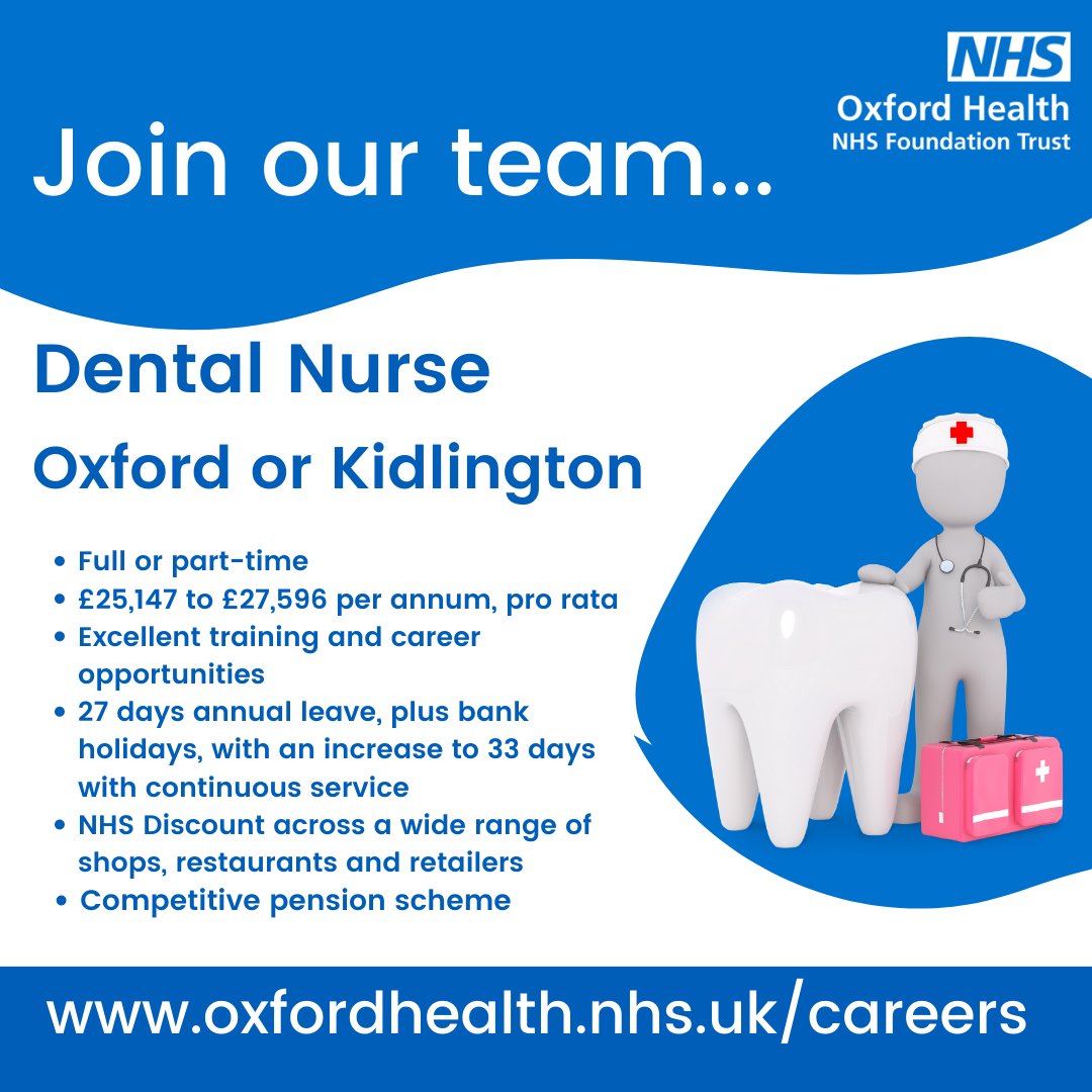 Are you a Qualified Dental Nurse looking for your new challenge?

Find out more - tinyurl.com/ae4avpnm
Closing date – 25th May 2023 

#workwithus #oneohft #dentalnurse #nhsjobs #hiring #oxfordjobs