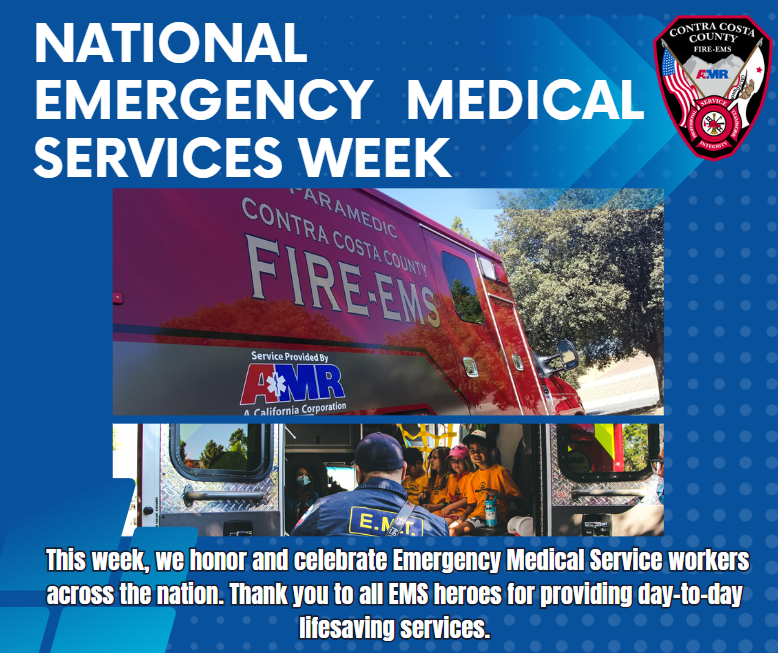Happy National Emergency Medical Services Week! Thank you for being at the forefront of providing critical care to our communities 365 days a year. Con Fire honors and thanks EMS workers across the nation.