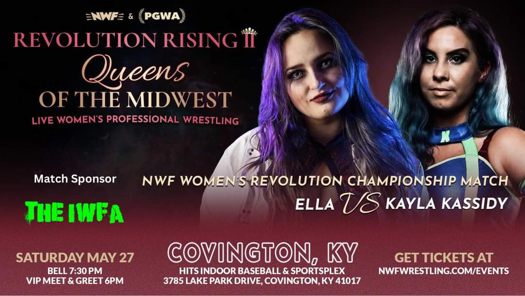 Two weeks ago, @kayla_kassidy made her intentions known she has no plans of leaving @HITSBaseball empty handed! Will she be the one to end @screamqueenella 's 470+ day reign as NWF Women's Revolution Champion? 🎟: nwfwrestling.com/events VIP Meet & Greet: 6 pm 🔔: 7:30 pm