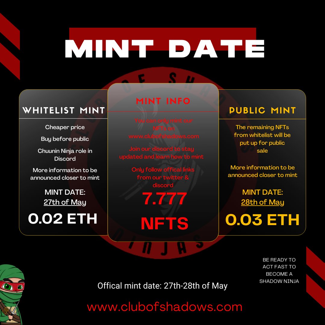 Be ready to seize the moment, for the shadows are about to release their most valuable treasures yet. 
Our mint is just around the corner. 
Don't miss your chance to become a part of something real, for greatness awaits only for those who act.

Who will become a Shadow ninja?