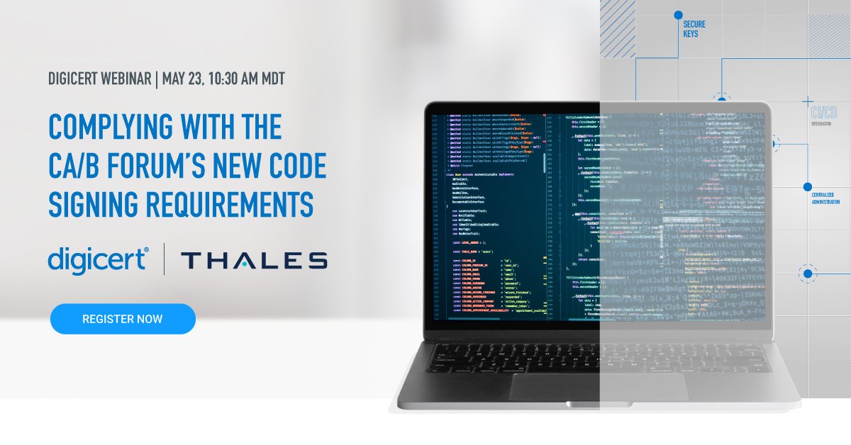 digicert's tweet image. Don't forget to sign up for our webinar with @thalesgroup TOMORROW (5/23) at 10:30 AM MT.

Register here: digicert.zoom.us/webinar/regist…

@ThalesCloudSec 

#codesigning #digitaltrust