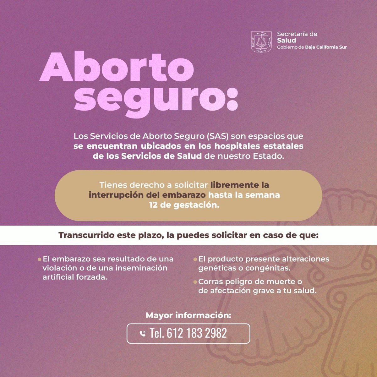 IertbcsO's tweet photo. 🟣📱#Infórmate | En Baja California Sur la interrupción del embarazo es legal, segura y gratuita en hospitales de los servicios de salud de nuestro Estado. Para mayores informes, comunícate al 612 183 2982. https://t.co/BIAb2vzqwI