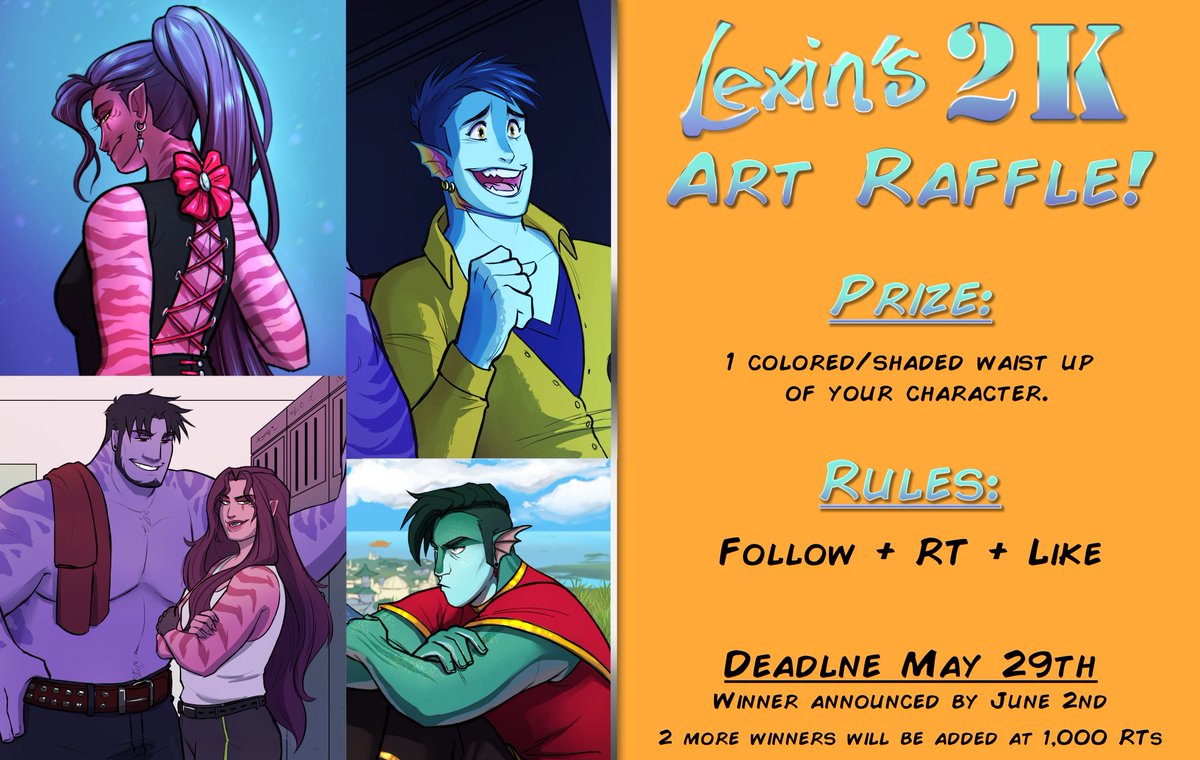 Lexinarts's tweet photo. ✨💜2K Art Raffle time!!!💜✨
Thank you all so much for the 2K!! <3

💜Prize:
1 colored/shaded waist up of your character
💜Rules:
Follow + RT + Like
💜Bonus:
Leave a ref sheet of your character in the comments.

‼️SFW ONLY‼️ will draw anthro!
Deadline May 29th! https://t.co/dDCF85jOzn