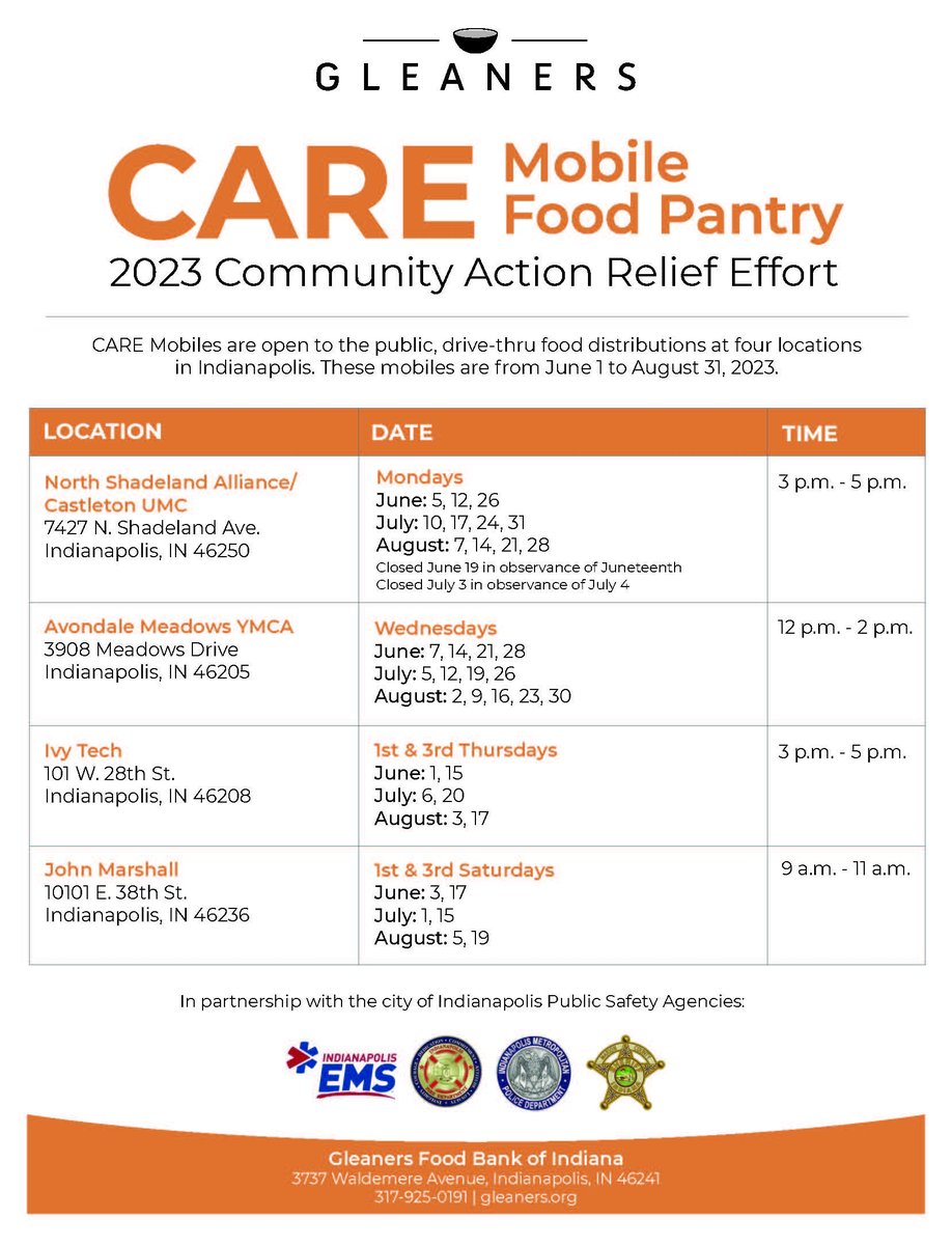 ltgoodnews's tweet image. Check out the schedule for summer locations of the CARE Mobile Food Pantry, made possible by Gleaners Food Bank. CARE Mobiles are open to the public and will be at four locations in Indianapolis. Mobiles will operate June 1 through August 31, 2023. One location is @CastletonUMC!