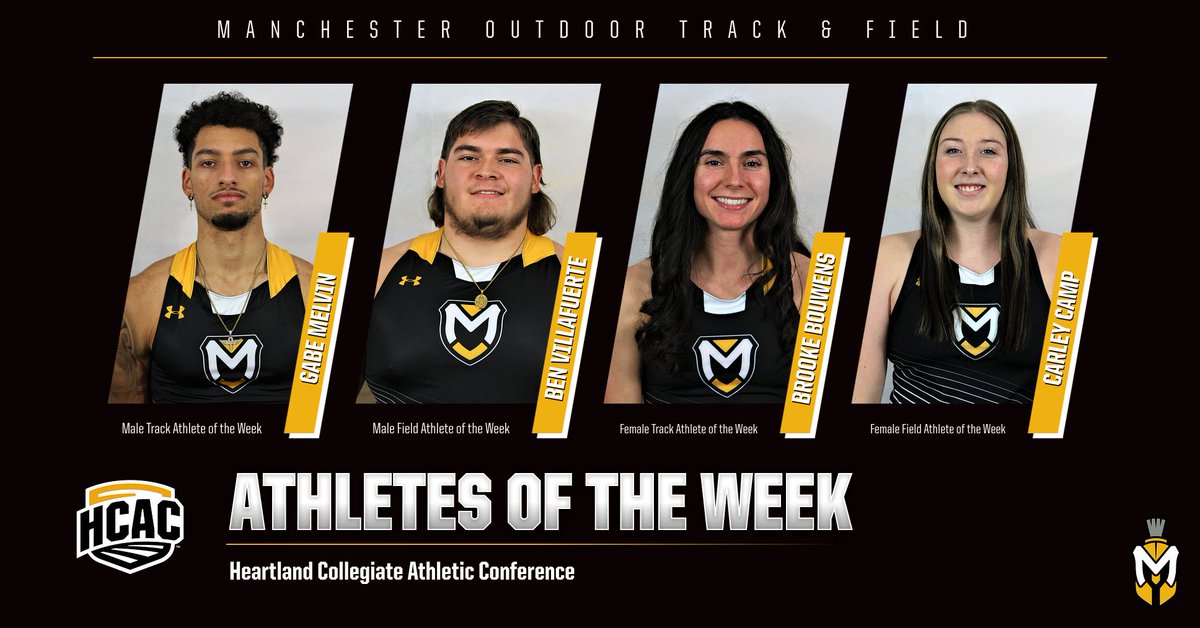 Manchester University Athletics (@muspartans) on Twitter photo OTF: Congratulations to Manchester outdoor track & field athletes Gabe Melvin, Ben Villafuerte, Brooke Bouwens, & Carley Camp for being named <a href="/HCACDIII/">Heartland Collegiate Athletic Conference</a> Athletes of the Week!
Read: bit.ly/41WcNq9
#MUSpartans | #SpartanPride OTF: Congratulations to Manchester outdoor track & field athletes Gabe Melvin, Ben Villafuerte, Brooke Bouwens, & Carley Camp for being named <a href="/HCACDIII/">Heartland Collegiate Athletic Conference</a> Athletes of the Week!
Read: bit.ly/41WcNq9
#MUSpartans | #SpartanPride