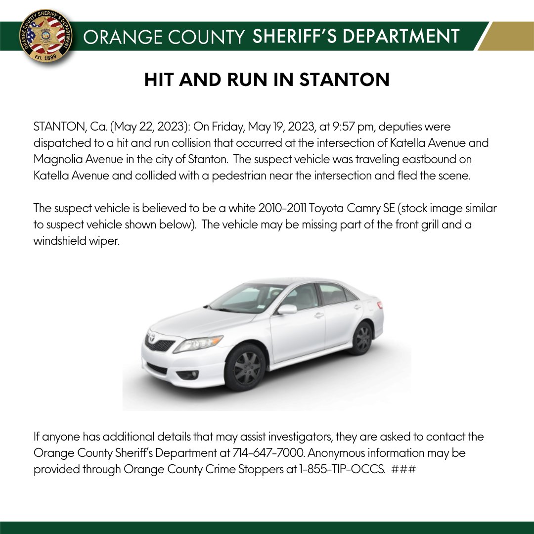 If anyone has additional details that may assist investigators, they are asked to contact the Orange County Sheriff’s Department at 714-647-7000. Anonymous information may be provided through Orange County Crime Stoppers at 1-855-TIP-OCCS.
