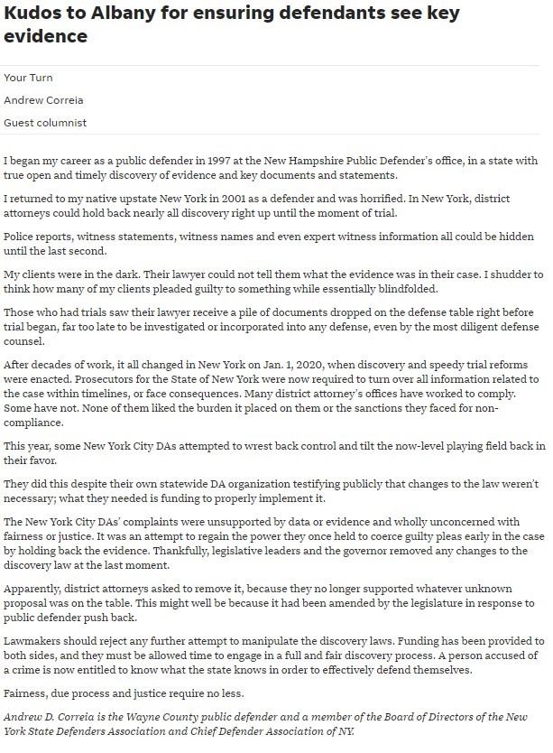 WCPD placed this editorial in the Rochester D+C last week urging NY legislators continue to protect discovery reform. Thank you for funding fairness. We can confirm it's working. <a href="/GovKathyHochul/">Governor Kathy Hochul</a> <a href="/AndreaSCousins/">Sen. Stewart-Cousins</a> @CarlHeastie