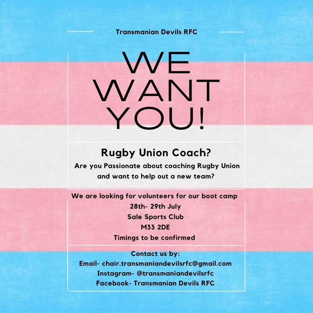 Want to help support our Boot camp? We are after volunteer Rugby Union coaches to help run sessions on the 28th and 29th July.  

#rugbyforall #jointhedevils #transdevils #inclusiverugby #igr #transathletesbelonginsport #transrightsarehumanrights