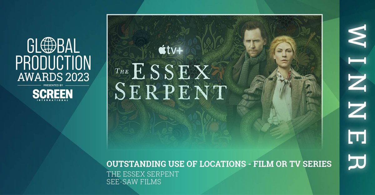Screendaily's tweet photo. Global Production Awards: Next we have the award for Outstanding Use of Location – Film or TV Series, and the winner is: The Essex Serpent - @See_Saw_Films #ScreenGPA23 https://t.co/5SyYUtMrTA