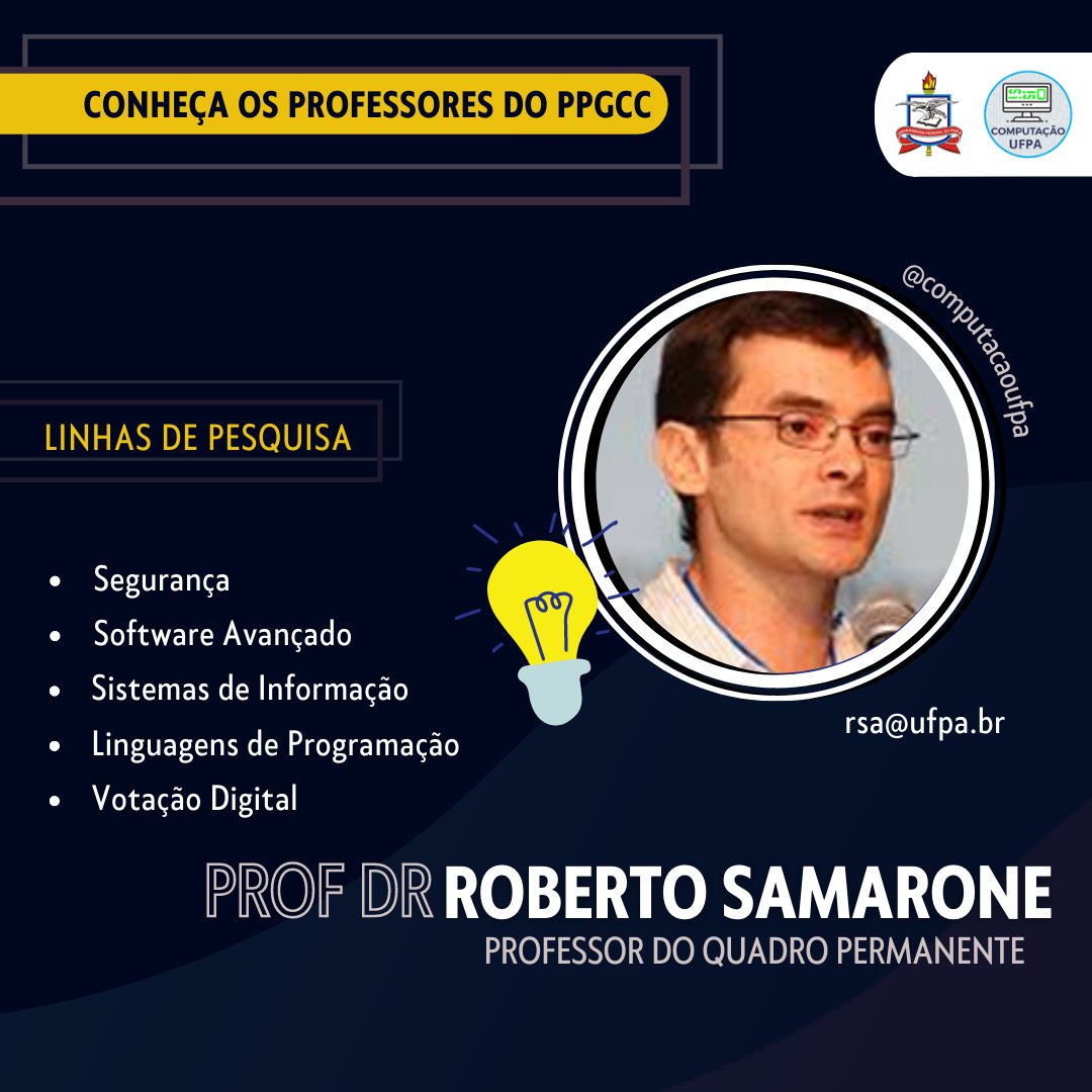 computacaoufpa's tweet photo. Conheça os Docentes do Quadro Permanente do PPGCC.
#ufpa #icen #ppgcc #computacao https://t.co/R9dej1z2hy