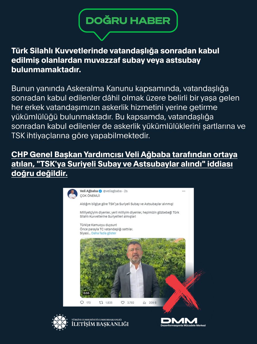 📌CHP Genel Başkan Yardımcısı Veli Ağbaba tarafından ortaya atılan, 'TSK'ya Suriyeli Subay ve Astsubaylar alındı' iddiası doğru değildir.

➡️Türk Silahlı Kuvvetlerinde vatandaşlığa sonradan kabul edilmiş olanlardan muvazzaf subay veya astsubay bulunmamaktadır.