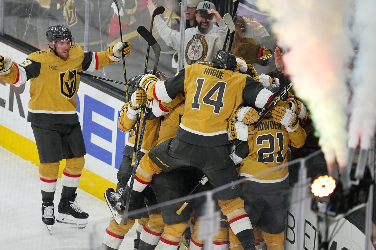 Great pic of @nichague14 getting some air for the OT celly. @GoldenKnights are in the drivers seat #nhl #WesternConferenceFinals #BecauseItsTheCup Nic is the only former @OHLSteelheads player in the quest for the @StanleyCup